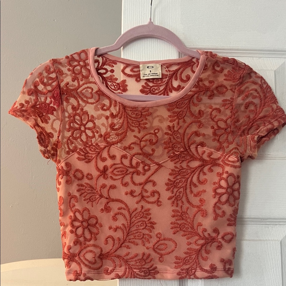 UO 2000s Pink Floral Mesh Embroidered Crop Top